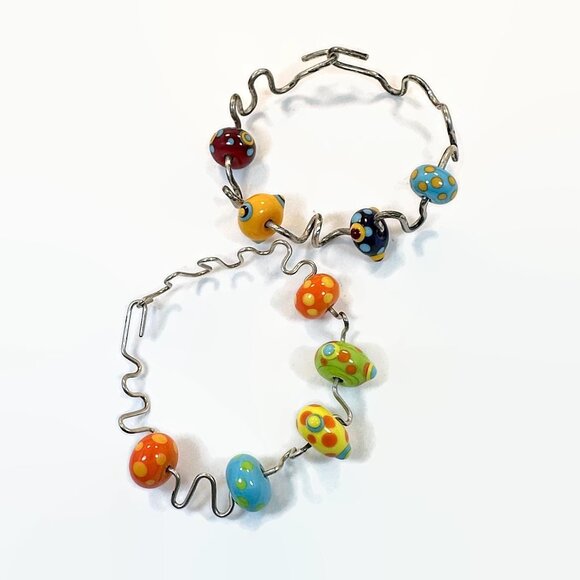 Glass Bead Bracelet, Lamp Work, Dotted, Rainbow, Art Glass, Blue, Orange, Red - Picture 4 of 5